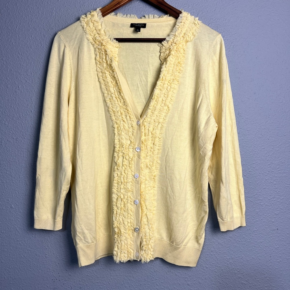 Talbots Silk Blend Ruffle Trim Cardigan Sweater Button Front‎ Yellow Large